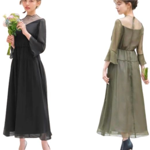 結婚式お呼ばれドレス　透け感がおしゃれ　フレアスカートのシンプルなワンピースドレス