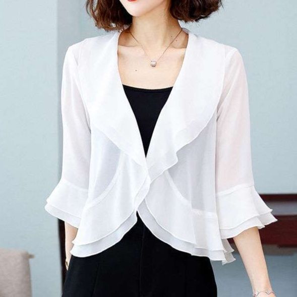 結婚式お呼ばれドレス  シフォン素材の華やかフリルボレロ