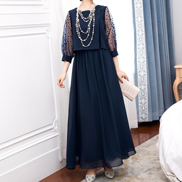 長袖レースシフォンワンピース 結婚式お呼ばれドレス