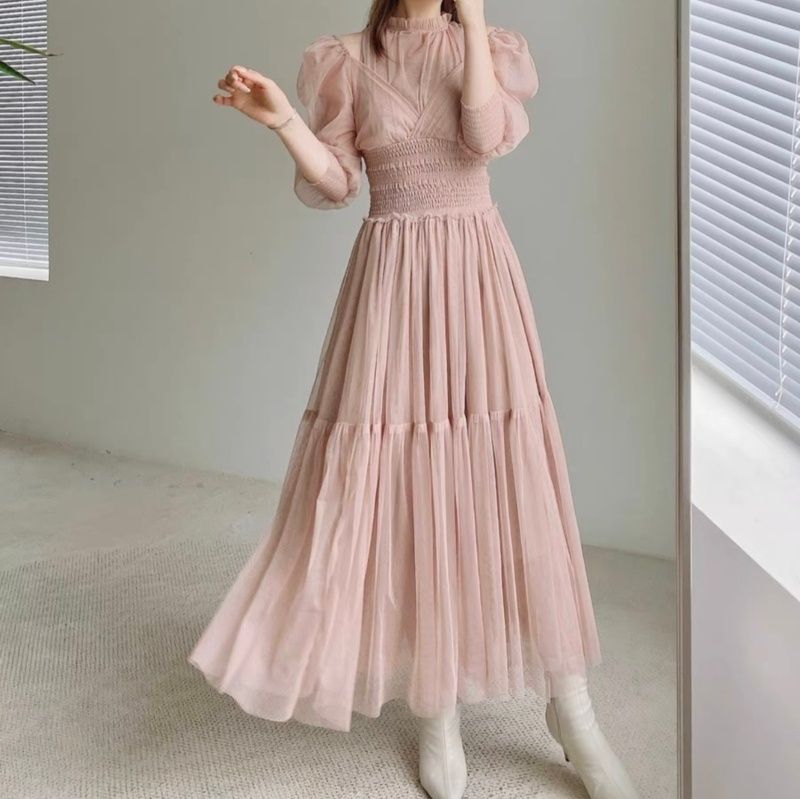 結婚式お呼ばれドレス パフスリーブメッシュティアードワンピース