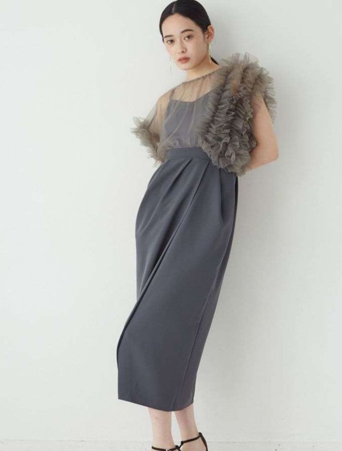 結婚式お呼ばれドレス  ラッフルチュールボディコンドレス