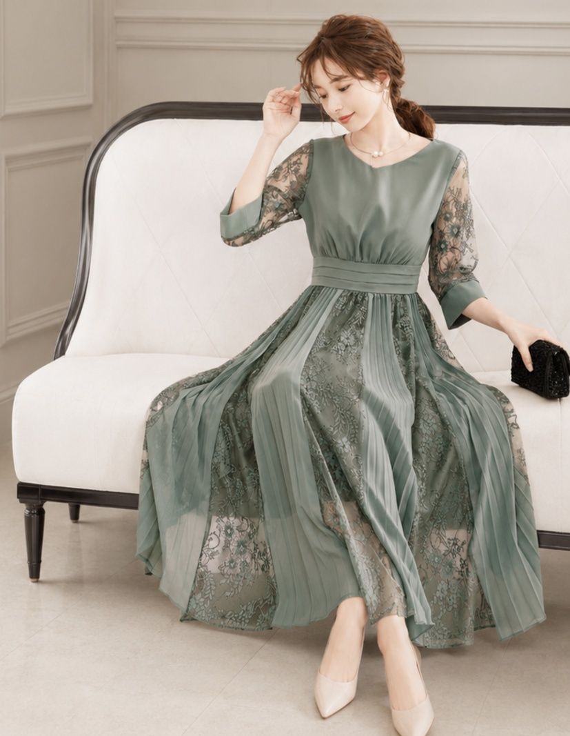 結婚式お呼ばれドレス シフォンプリーツシースルーワンピース