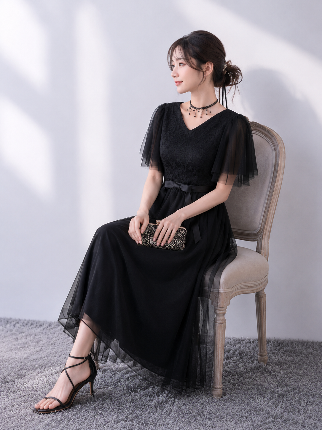 結婚式お呼ばれドレス エレガントチュールレース マキシワンピース
