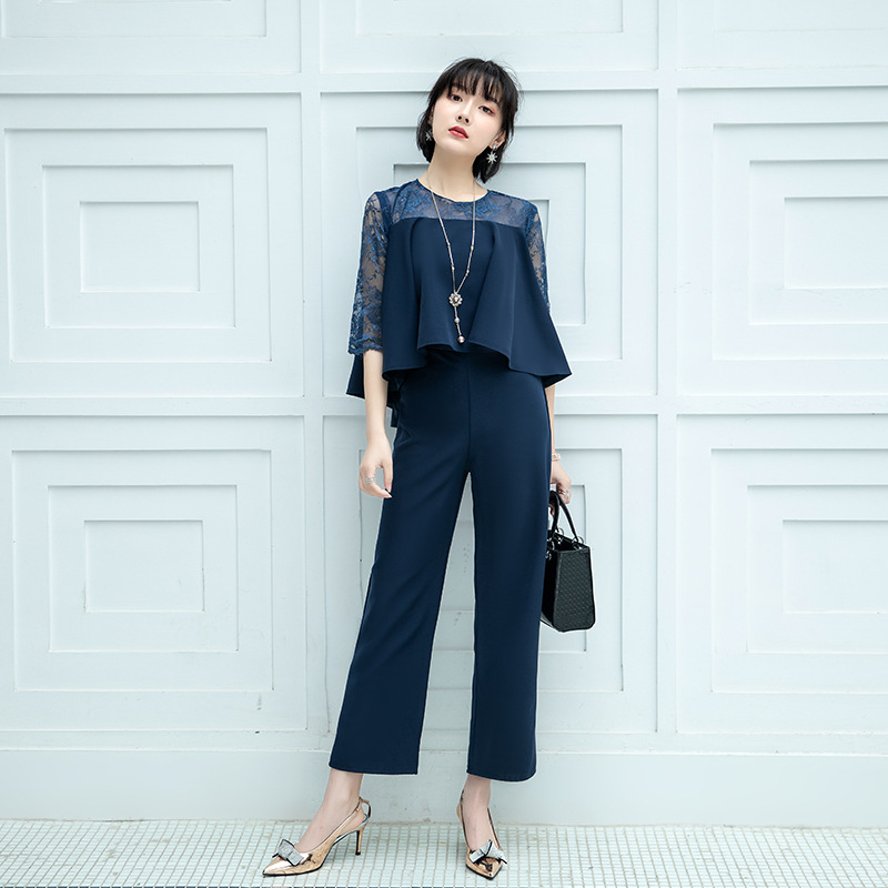 結婚式お呼ばれドレス レース袖フレアトップス重ね着風パンツドレス