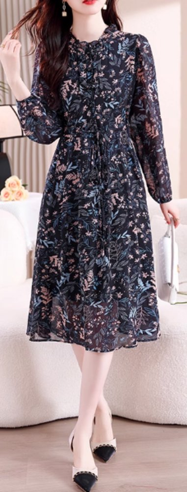 パーティドレス 長袖花柄シフォン素材 ワンピースドレス