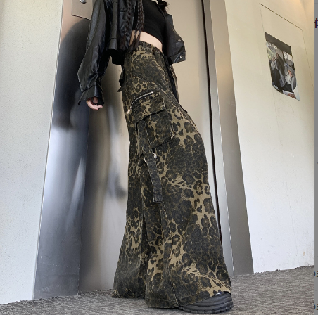 柄 パンツ 秋冬新作ヒョウ柄ワイドパンツカジュアル
