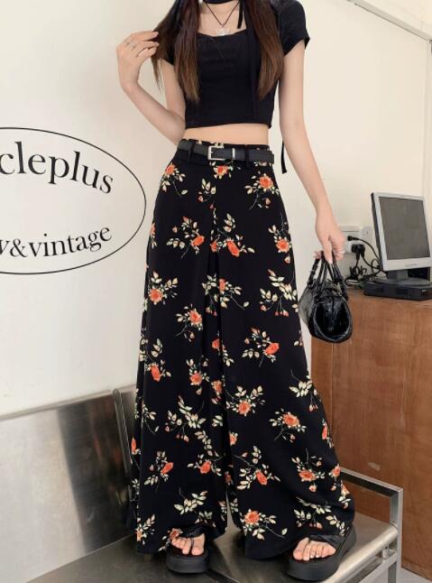 柄 パンツ 花柄ハイウェストワイドパンツ シフォン素材