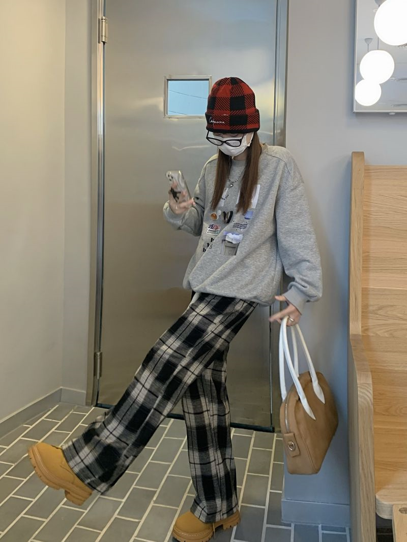 柄 パンツ 韓国風レトロチェック柄パンツ