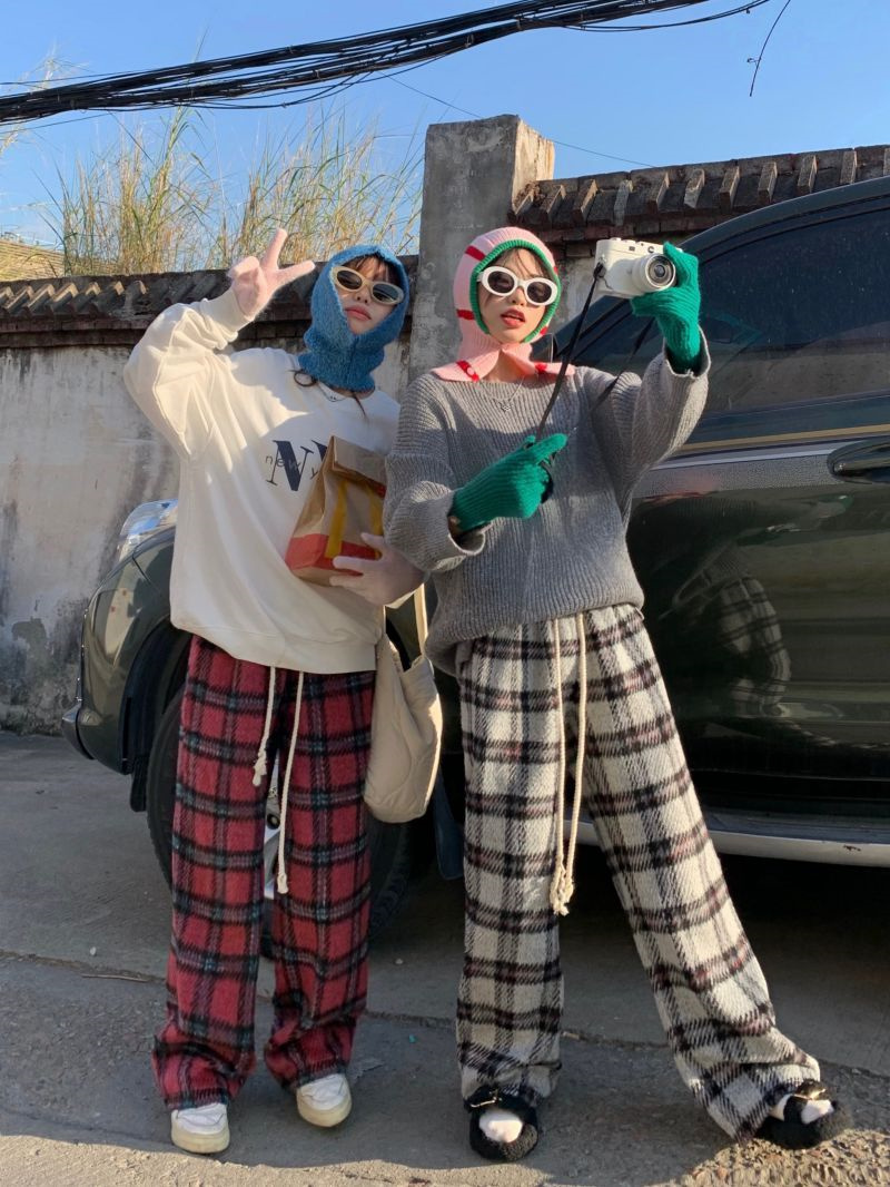 柄 パンツ 韓国風レトロチェック柄ゆったりカジュアルパンツ