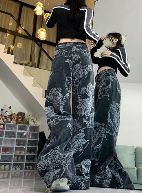 柄 パンツ 龍柄ワイドデニムパンツ レディース ユニセックス