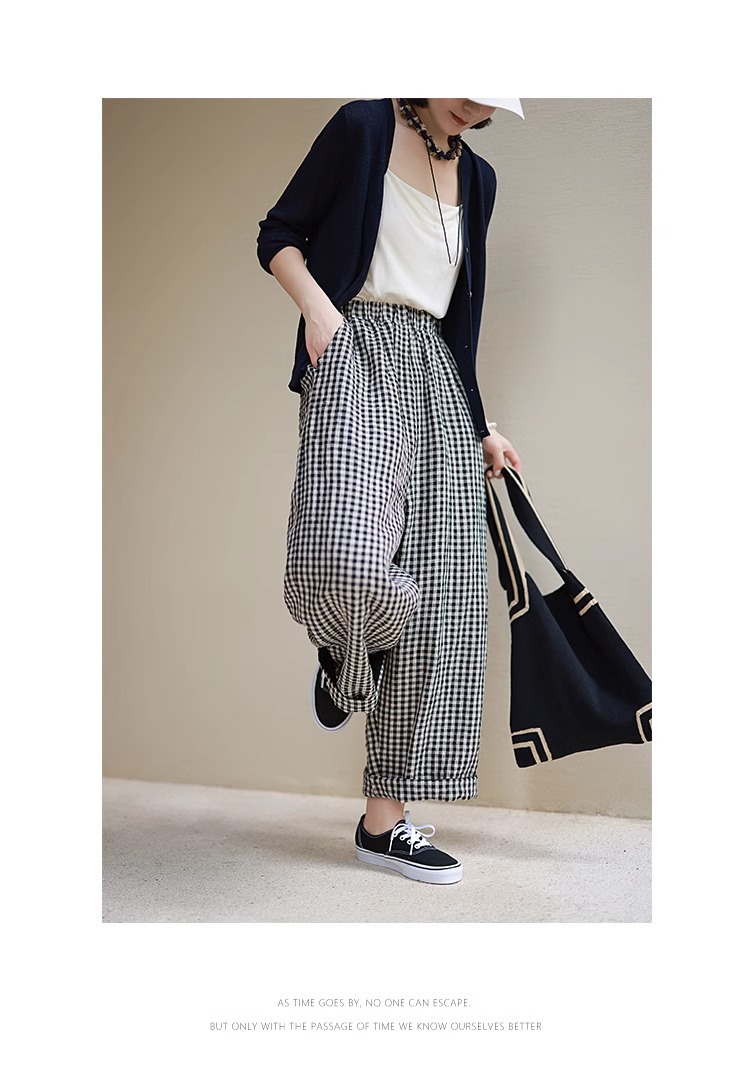 柄 パンツ ギンガムチェック柄ワイドパンツ ウエストゴム