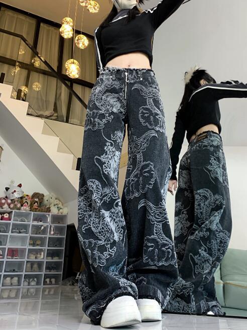 柄 パンツ 龍柄ワイドデニムパンツ レディース ユニセックス