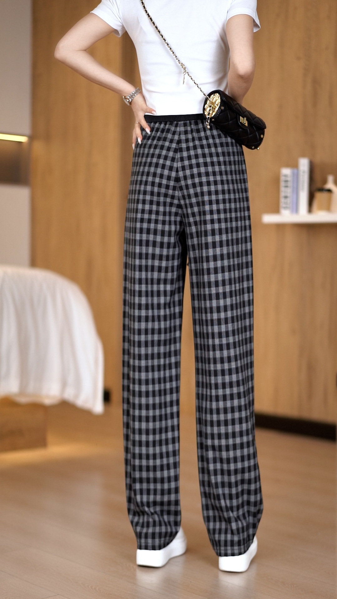 柄 パンツ 格子模様リラックスワイドパンツ