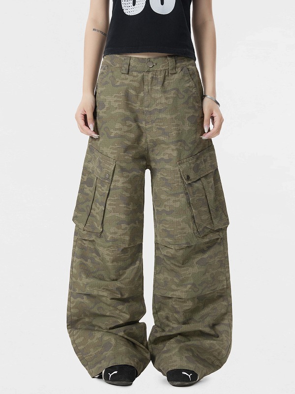 柄 パンツ 迷彩柄 カーゴパンツ 男女兼用 ワイドシルエット ボトムス