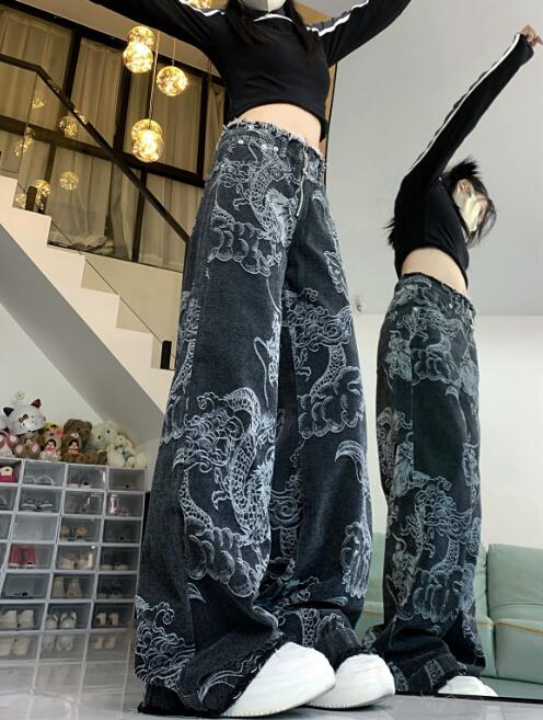柄 パンツ 龍柄ワイドデニムパンツ レディース ユニセックス