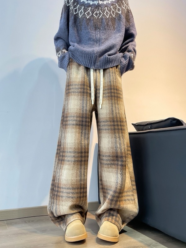 メンズ ウール風 チェック格子柄 パンツ