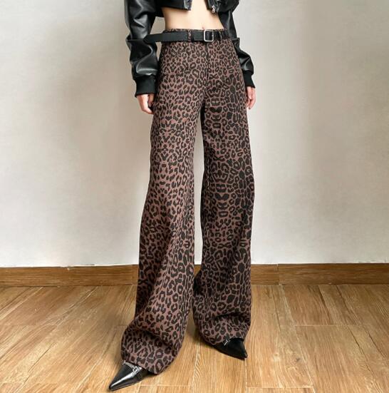 柄 パンツ 女性用ハイウエストワイドパンツヒョウ柄スラックス