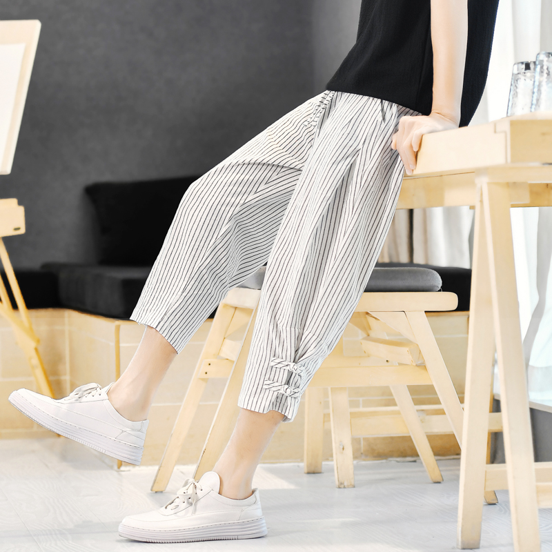 柄 パンツ 細線裾リボン七分丈バルーンパンツ