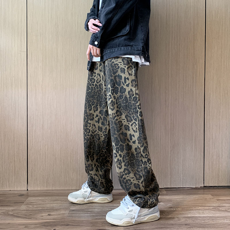 柄 パンツ 豹柄デニムパンツ ワイドストレート メンズ ボトムス