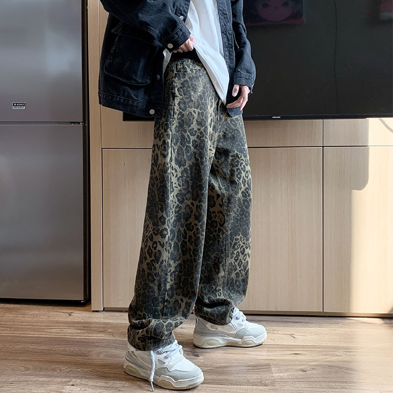 柄 パンツ 豹柄デニムパンツ ワイドストレート メンズ ボトムス