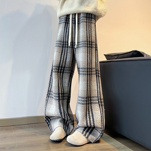 メンズ ウール風 チェック格子柄 パンツ
