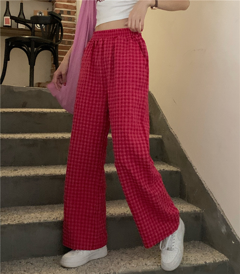 柄 パンツ チェック柄ハイウエストワイドパンツ
