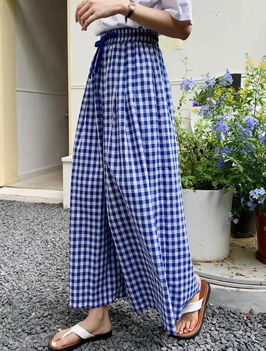 柄 パンツ 二〇二五年新作チェック柄ワイドパンツ女性用ハイウエスト