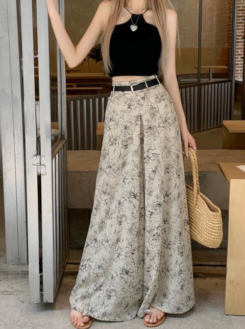 柄 パンツ 花柄ハイウェストワイドパンツ シフォン素材