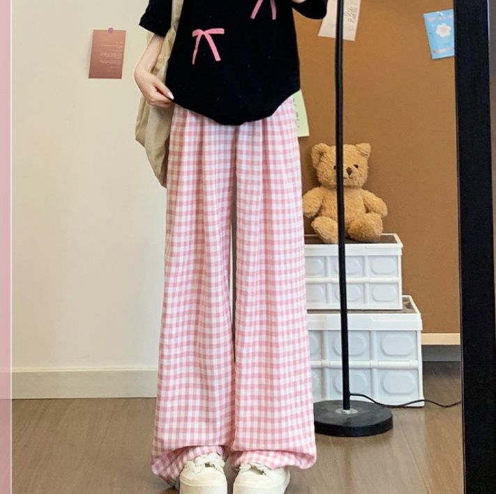 柄 パンツ 格子柄ゆったりワイドパンツ