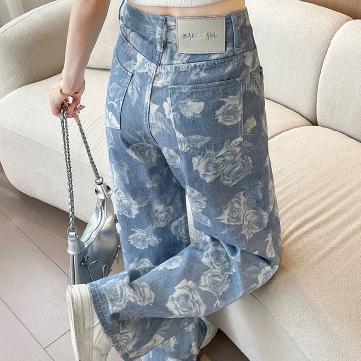 柄 パンツ 優美なバラ模様ワイドデニム