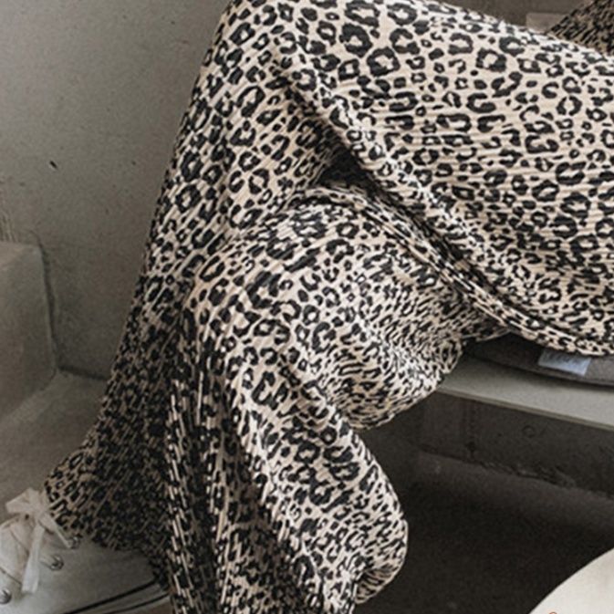 柄 パンツ レオパード柄プリーツワイドパンツ夏レディース