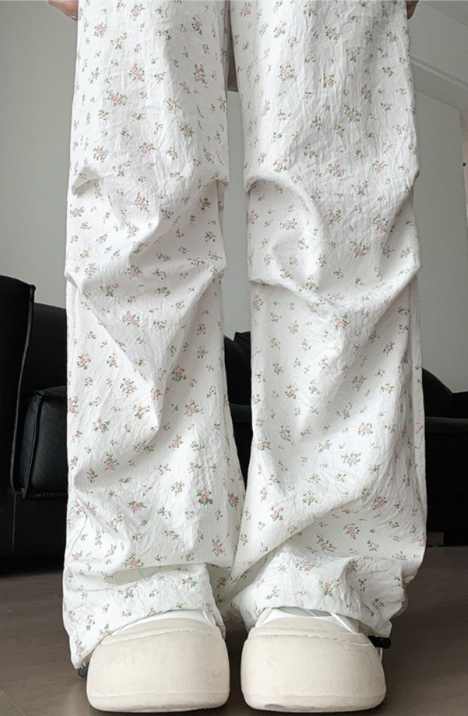 花柄 パンツ ドローストリングワイド