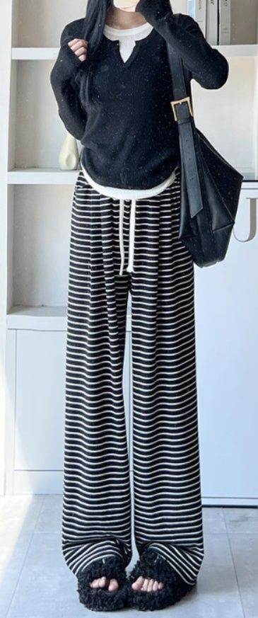 柄 パンツ ボーダーワイドフレア3丈展開