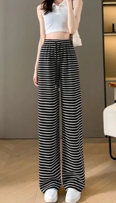ボーダー柄 パンツ ハイウエストワイド