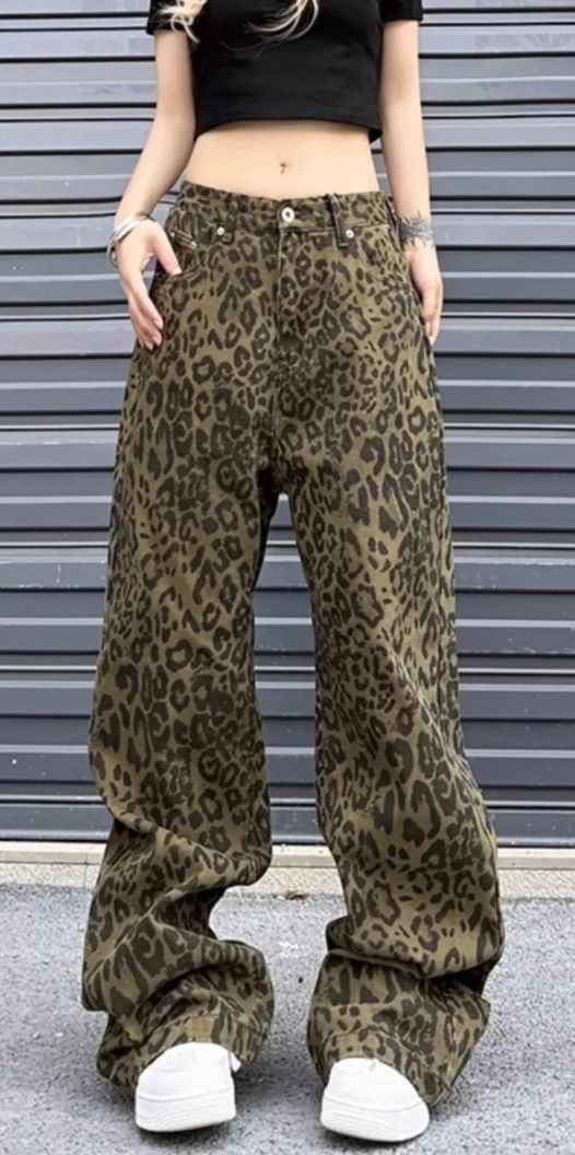 柄 パンツ ヒョウ柄ワイドデニム柄パンツ