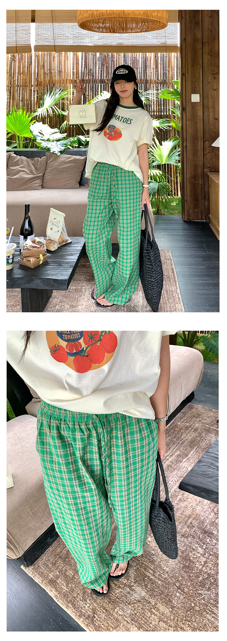 柄 パンツ 爽やかマドラスチェックワイドパンツ