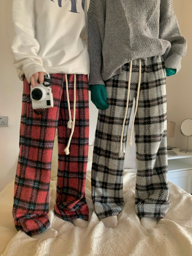 柄 パンツ 韓国風レトロチェック柄ゆったりカジュアルパンツ