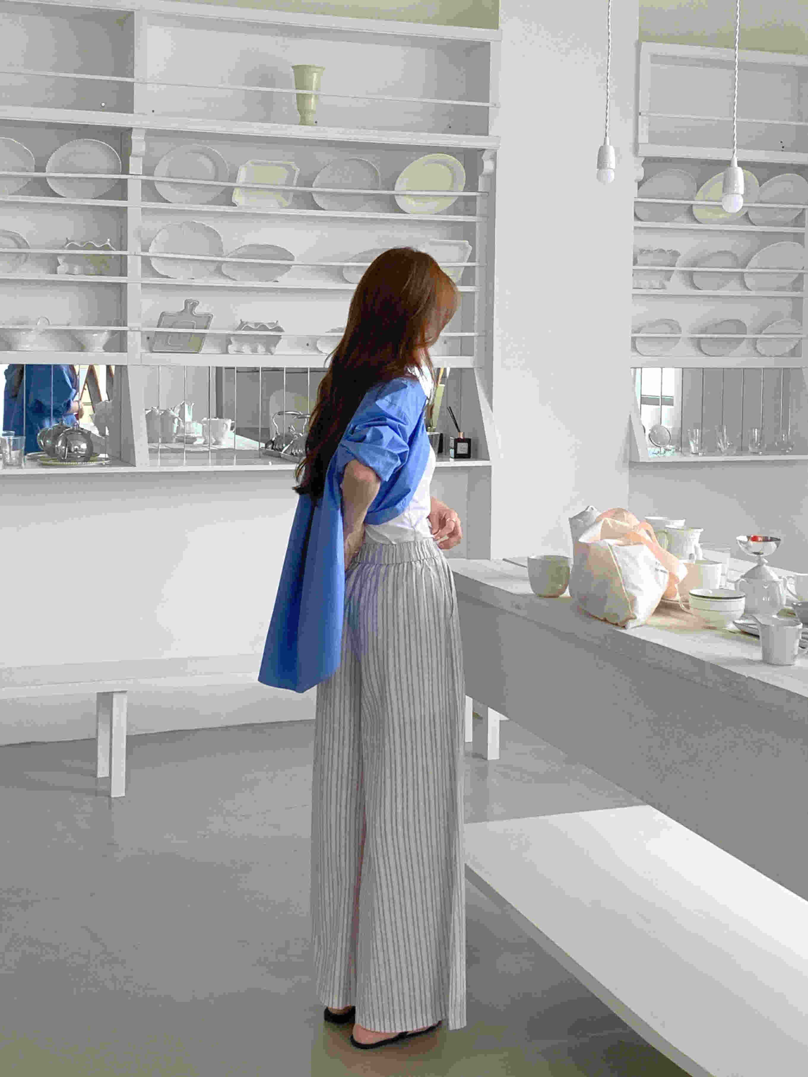 柄 パンツ 韓国風ストライプ柄ゆったりワイドパンツ