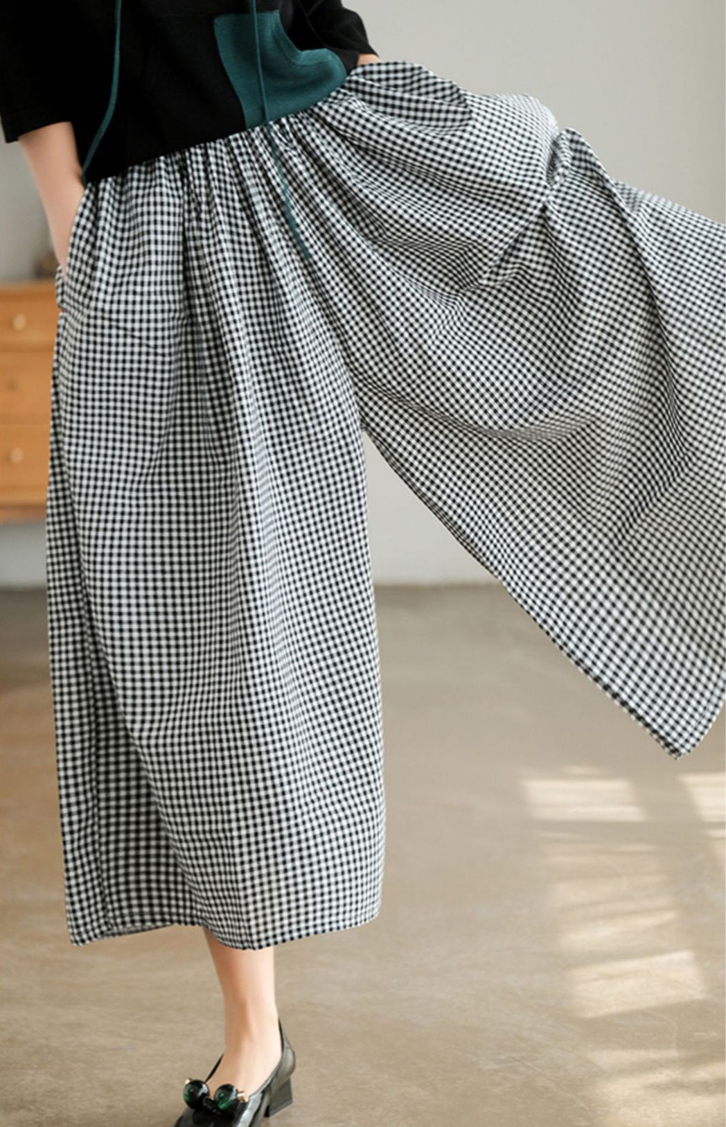 柄 パンツ 格子柄ワイドパンツ体系カバーギンガムチェック