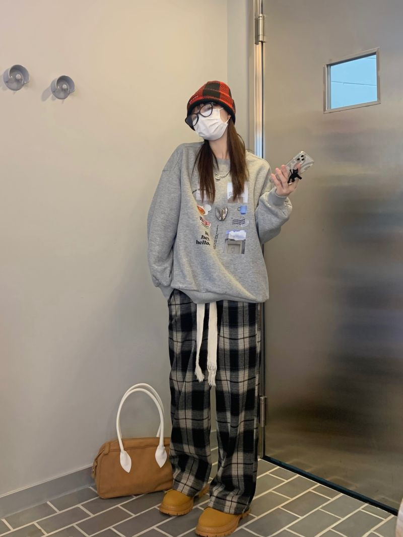 柄 パンツ 韓国風レトロチェック柄パンツ