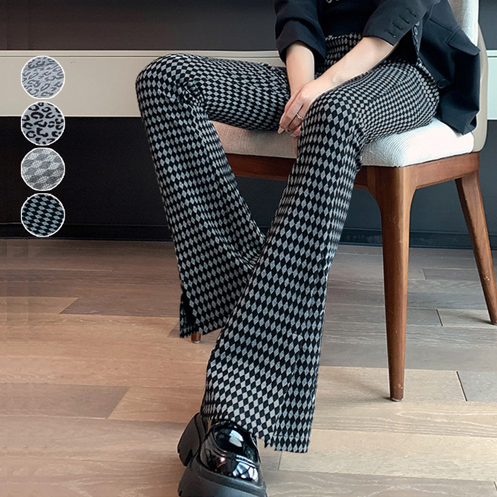 柄 パンツ チェック柄フレアパンツ　ハイウエスト４色展開