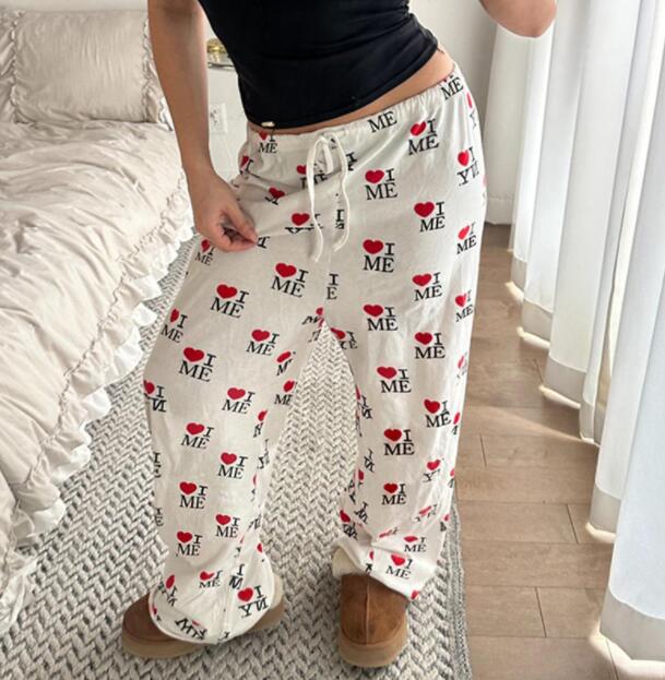 柄 パンツ ハート柄プリントワイドパンツ レディース