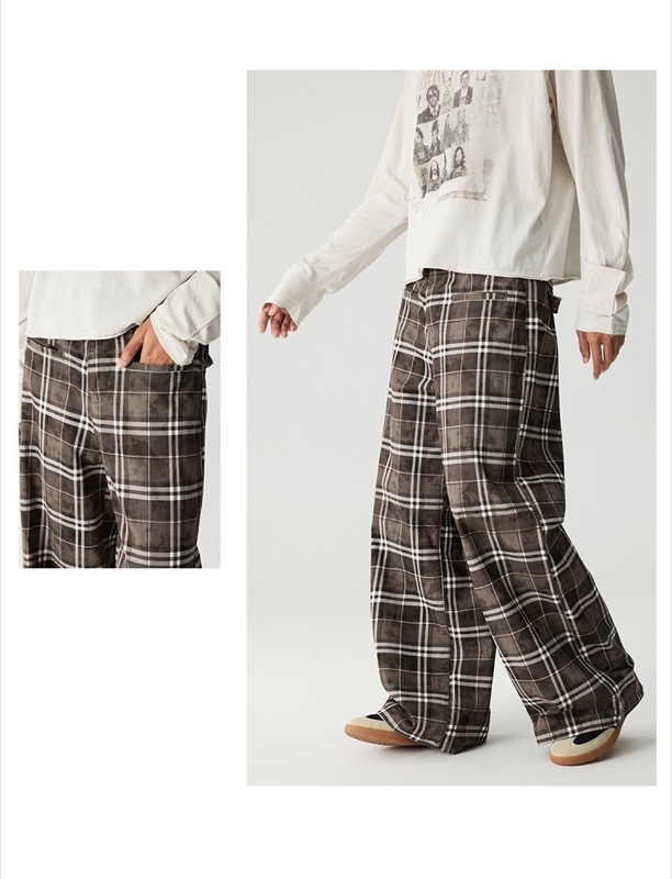 柄 パンツ レトロ格子柄ワイドパンツ チェック柄カジュアルボトムス
