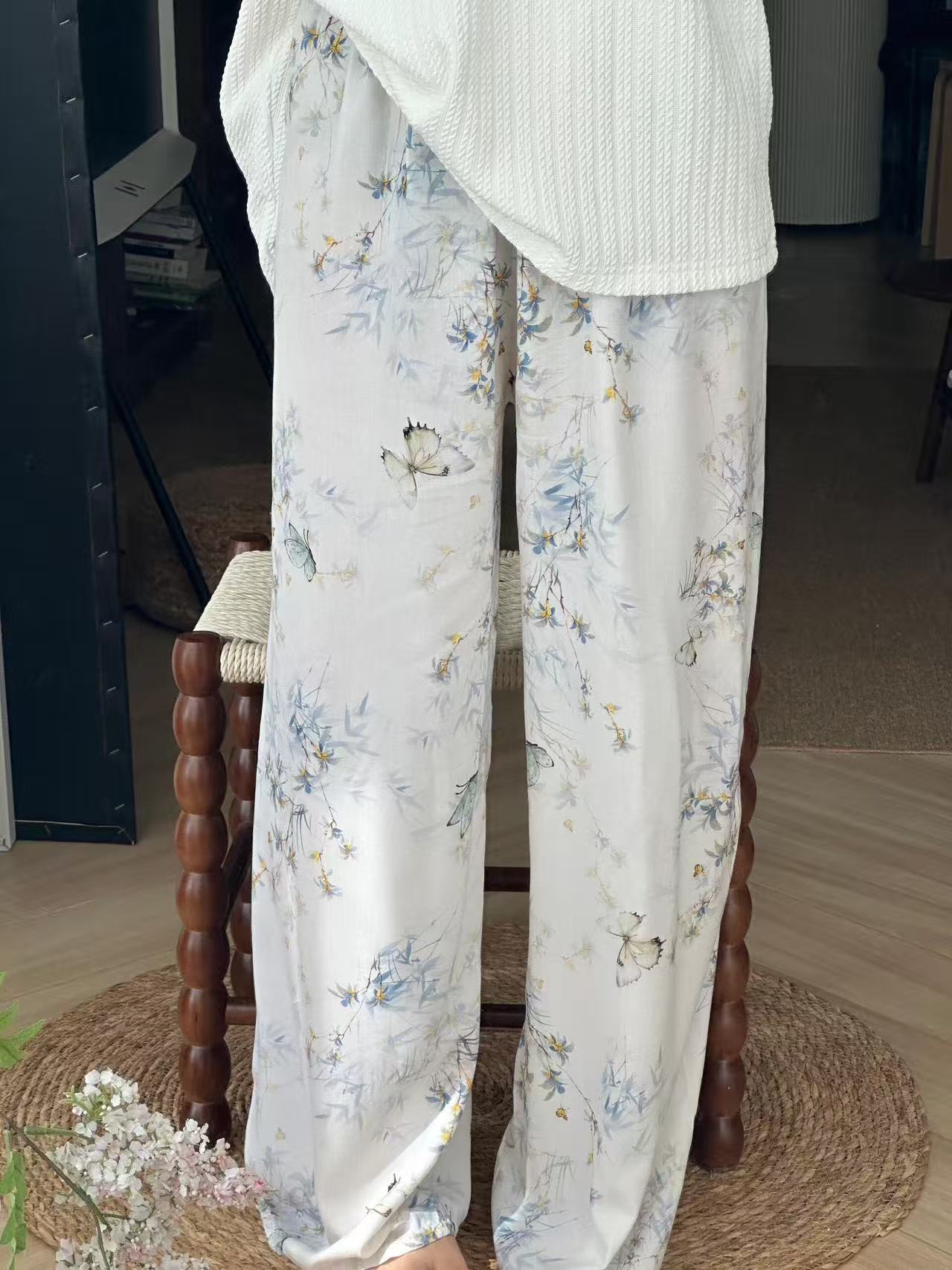 柄 パンツ 水彩ボタニカル花柄ワイドパンツ