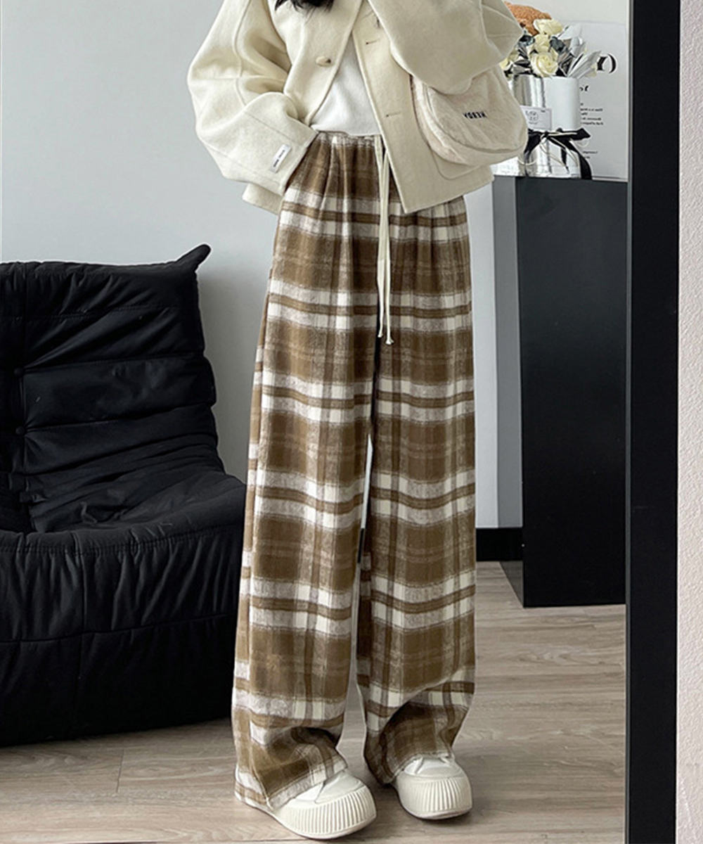 柄 パンツ チェック柄パンツ裏起毛ハイウエストワイドパンツ