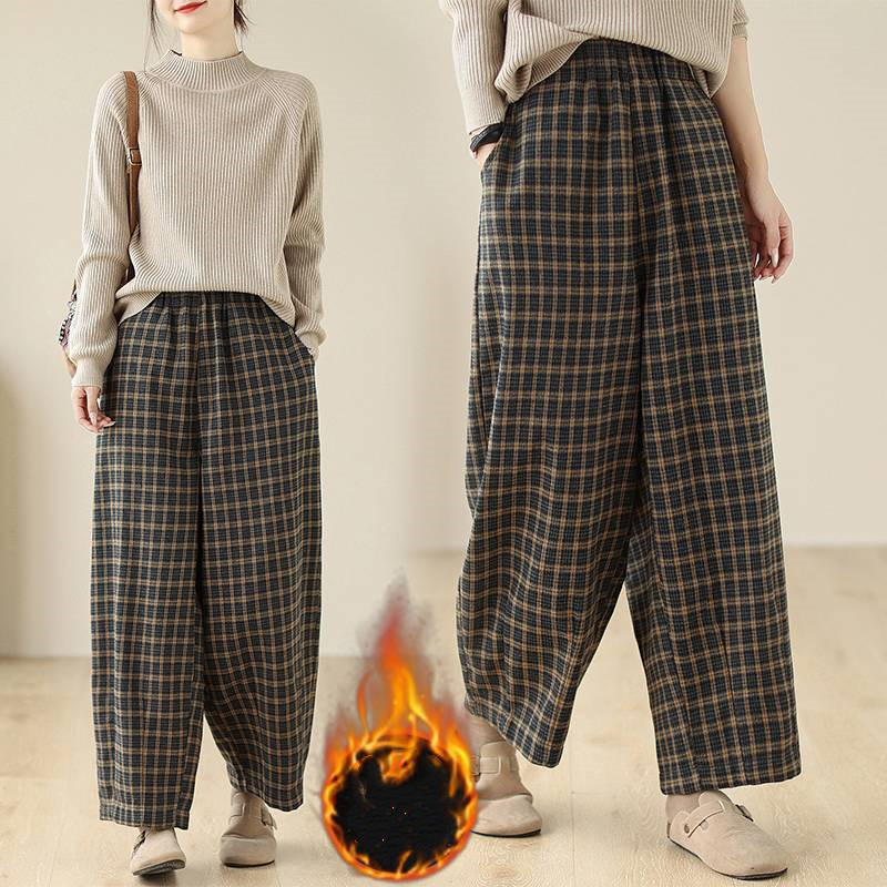 柄 パンツ 秋冬新作チェック柄裏起毛ロングパンツ