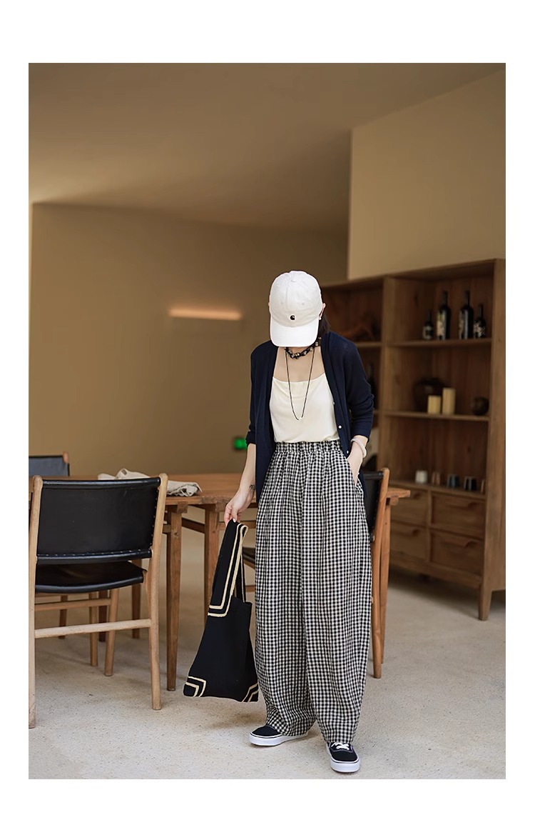 柄 パンツ ギンガムチェック柄ワイドパンツ ウエストゴム