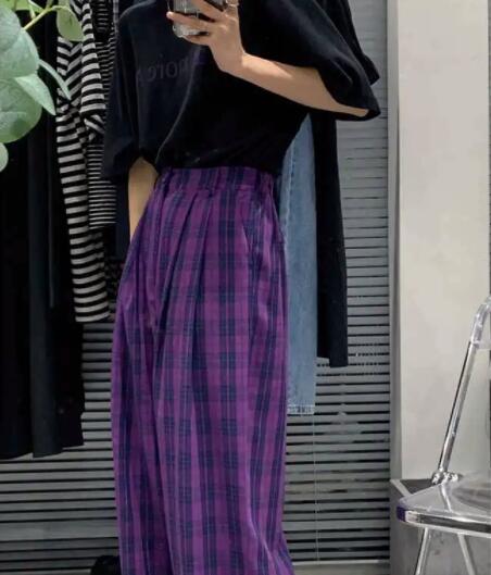 柄 パンツ 女性用チェック柄ワイドパンツ紫色