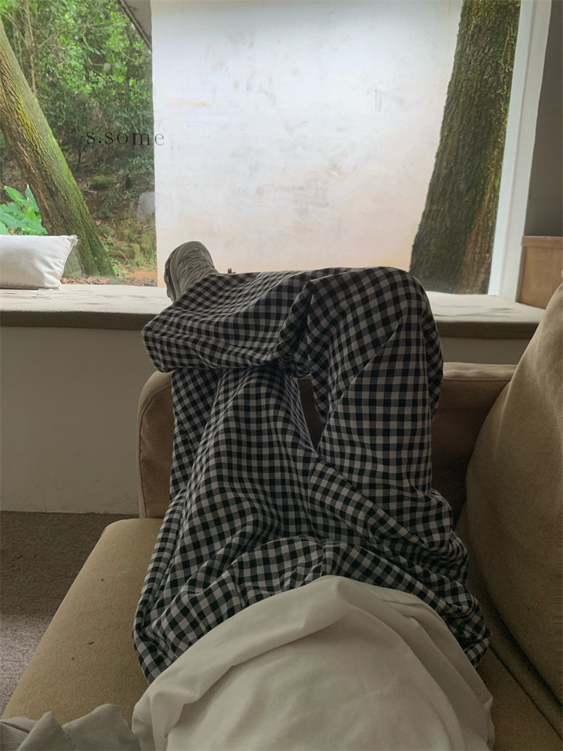 柄 パンツ ゆったりチェック柄ロングパンツ韓国風ワイドチノ