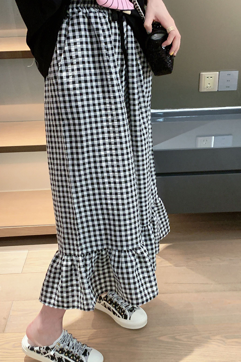 柄 パンツ ゆったりハイウエストチェック柄ストライプ柄パンツ